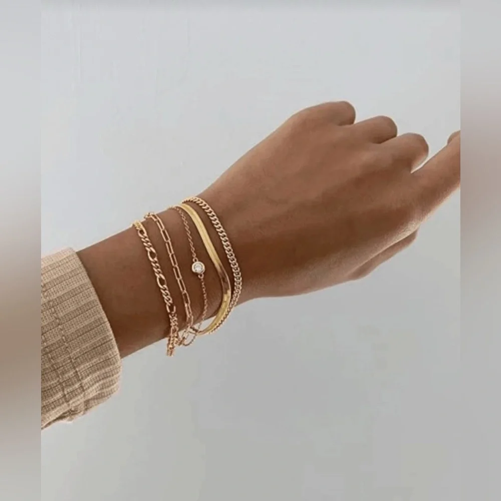 Gold Plated Stainless Steel 5PC Chain Bracelet Stack Layered Set
